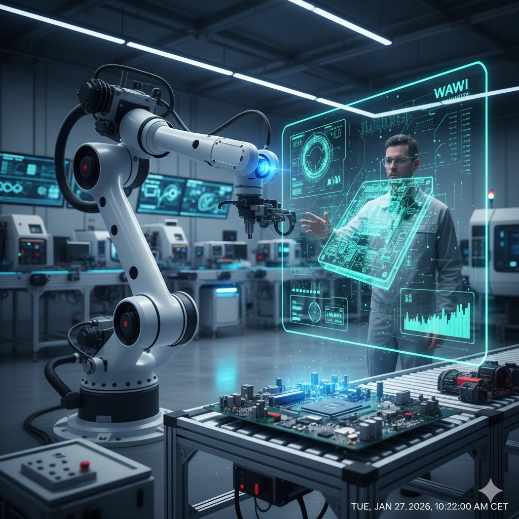 En visjonær fremstilling av en automatisert fabrikk styrt av AI, med gjennomsiktige datastrømmer som kobler sammen roboter og kontrollsentre.