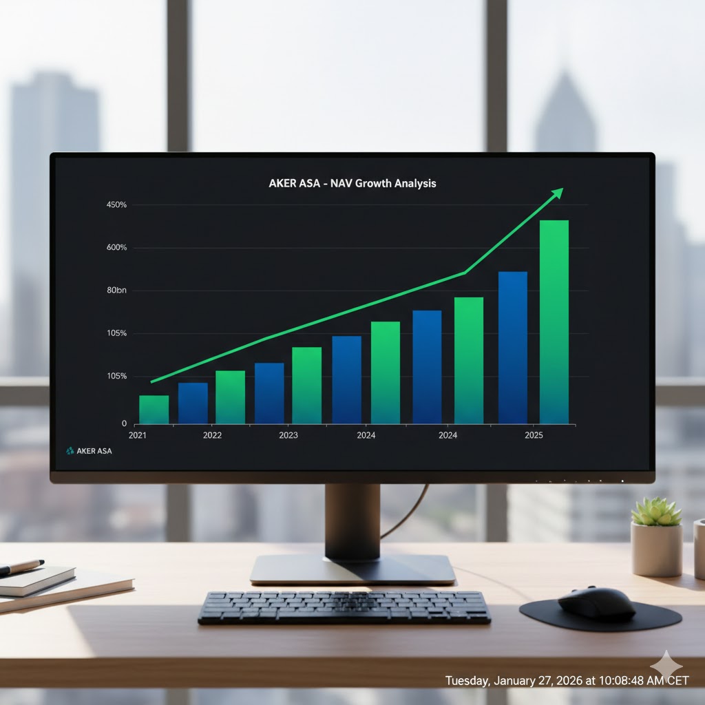 Et 3D-søylediagram som viser Akers substansverdi (NAV) utvikling de siste 5 årene, med en markant grønn pil som indikerer vekst.