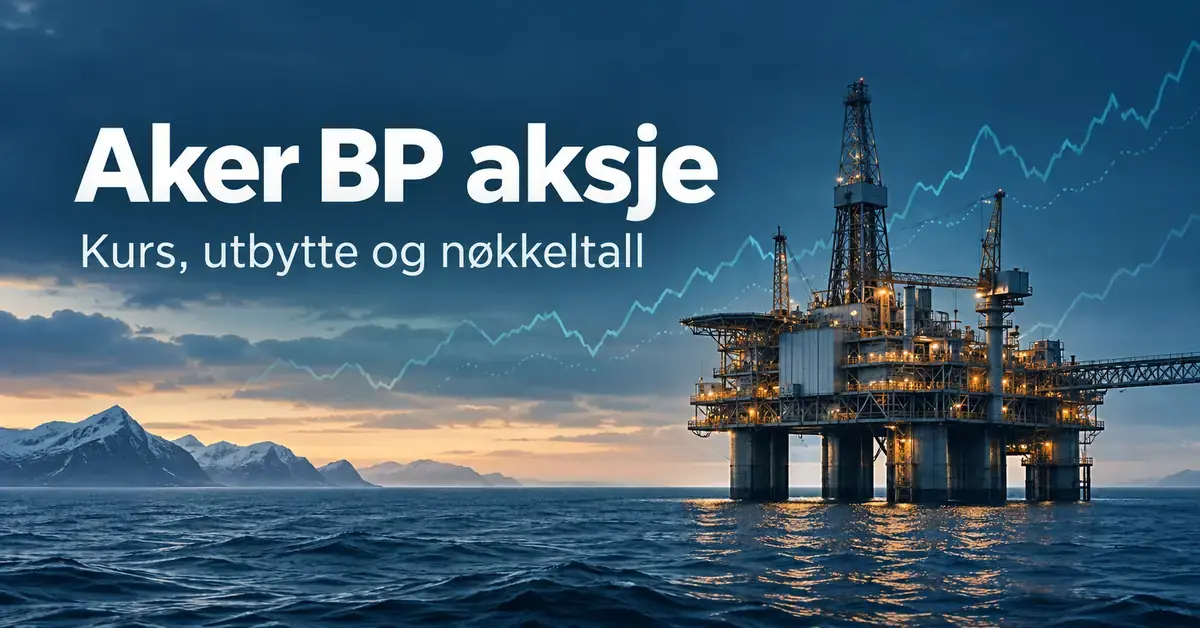 Illustrasjon av en oljeplattform i havet med stiliserte kurskurver og teksten «Aker BP aksje – Kurs, utbytte og nøkkeltall».