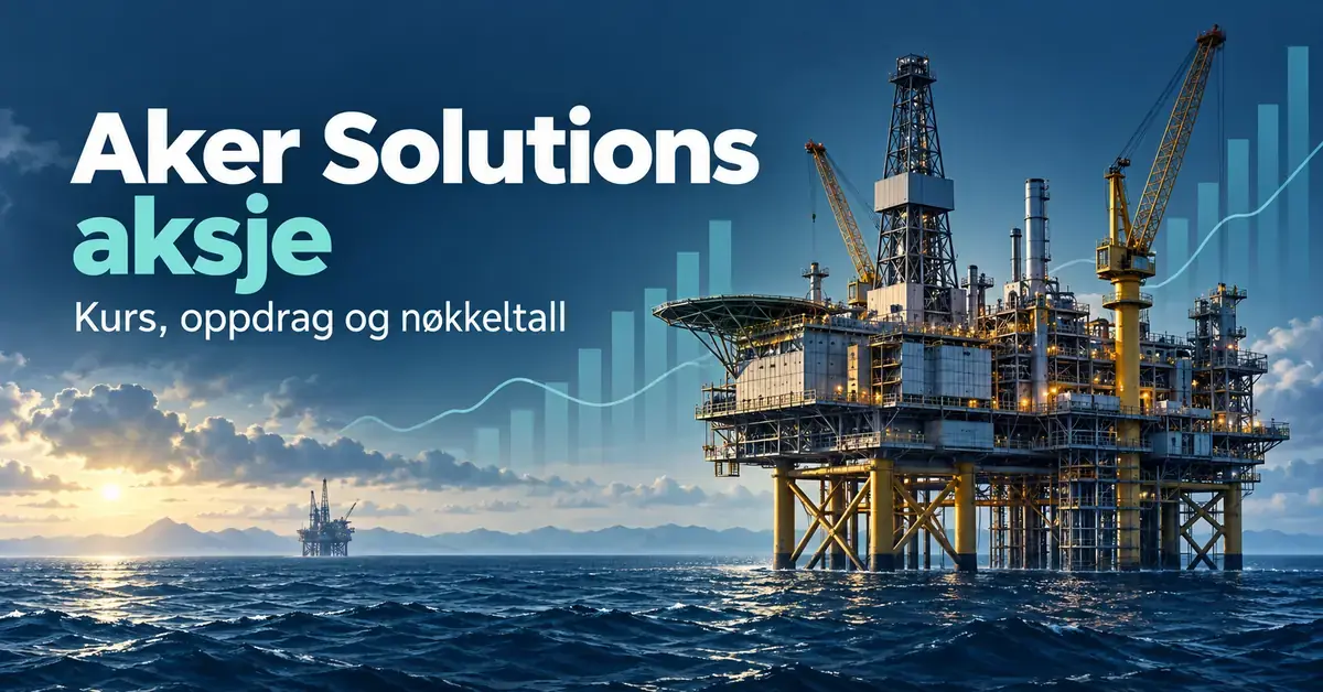 Illustrasjon av en oljeplattform til havs med stiliserte aksjegrafer og teksten «Aker Solutions aksje – Kurs, oppdrag og nøkkeltall».