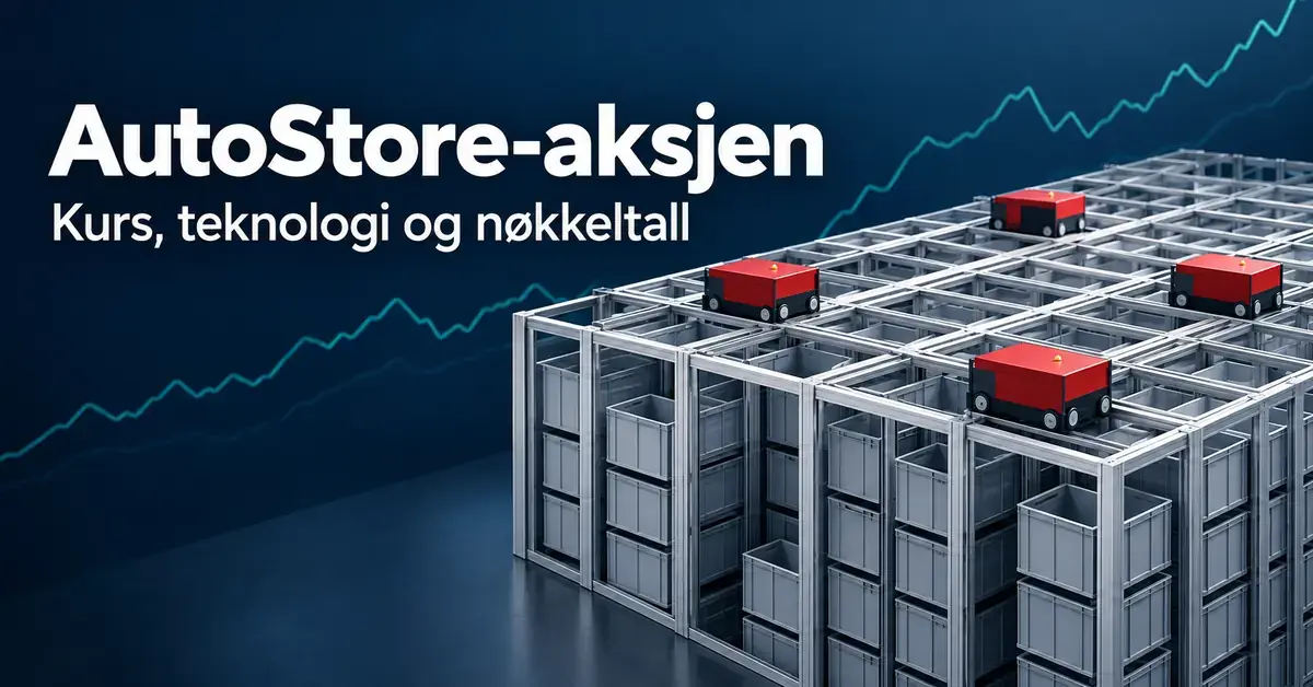 Illustrasjon av røde lagerroboter på et kubelager med stablede kasser, en stilisert kurslinje i bakgrunnen og teksten «AutoStore-aksjen – Kurs, teknologi og nøkkeltall».
