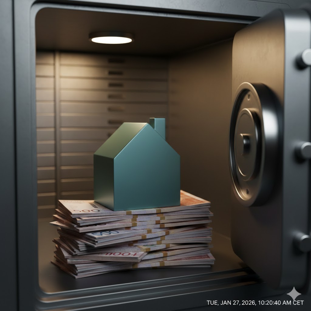 Et moderne, høyteknologisk bankinteriør i Oslo med et digitalt display som viser høye renter og en sikker hvelvdør i bakgrunnen, som symboliserer sikkerhet og profitt.
