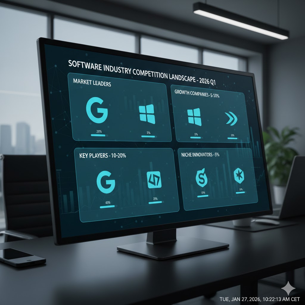 Et profesjonelt sektordiagram som viser markedsandeler for industriell programvare, med Wawi som en voksende utfordrer mot etablerte giganter.