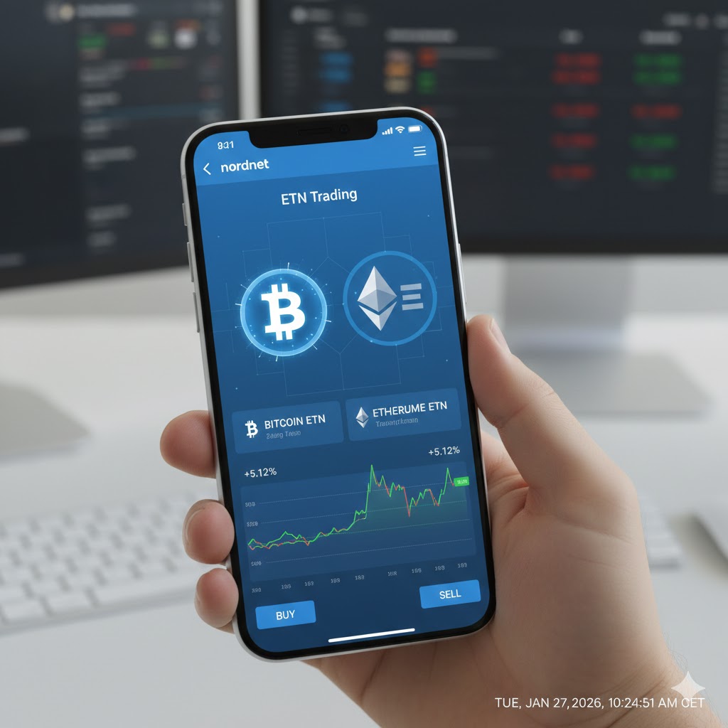 A futuristic digital screen showing trading indicators for Bitcoin and Ethereum certificates alongside traditional stocks on a Nordnet dashboard.