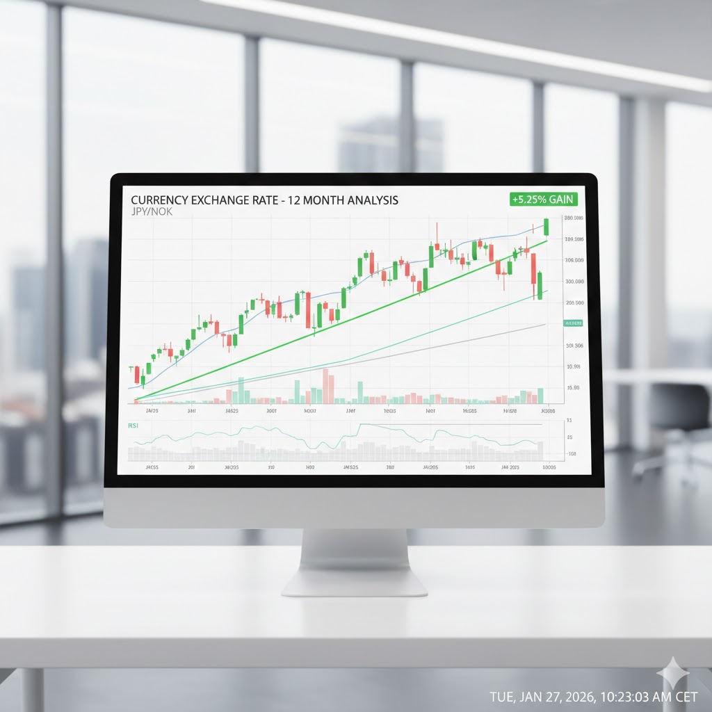 Nærbilde av en profesjonell trader som analyserer tekniske indikatorer på en JPY/NOK-graf på en nettbrettskjerm.