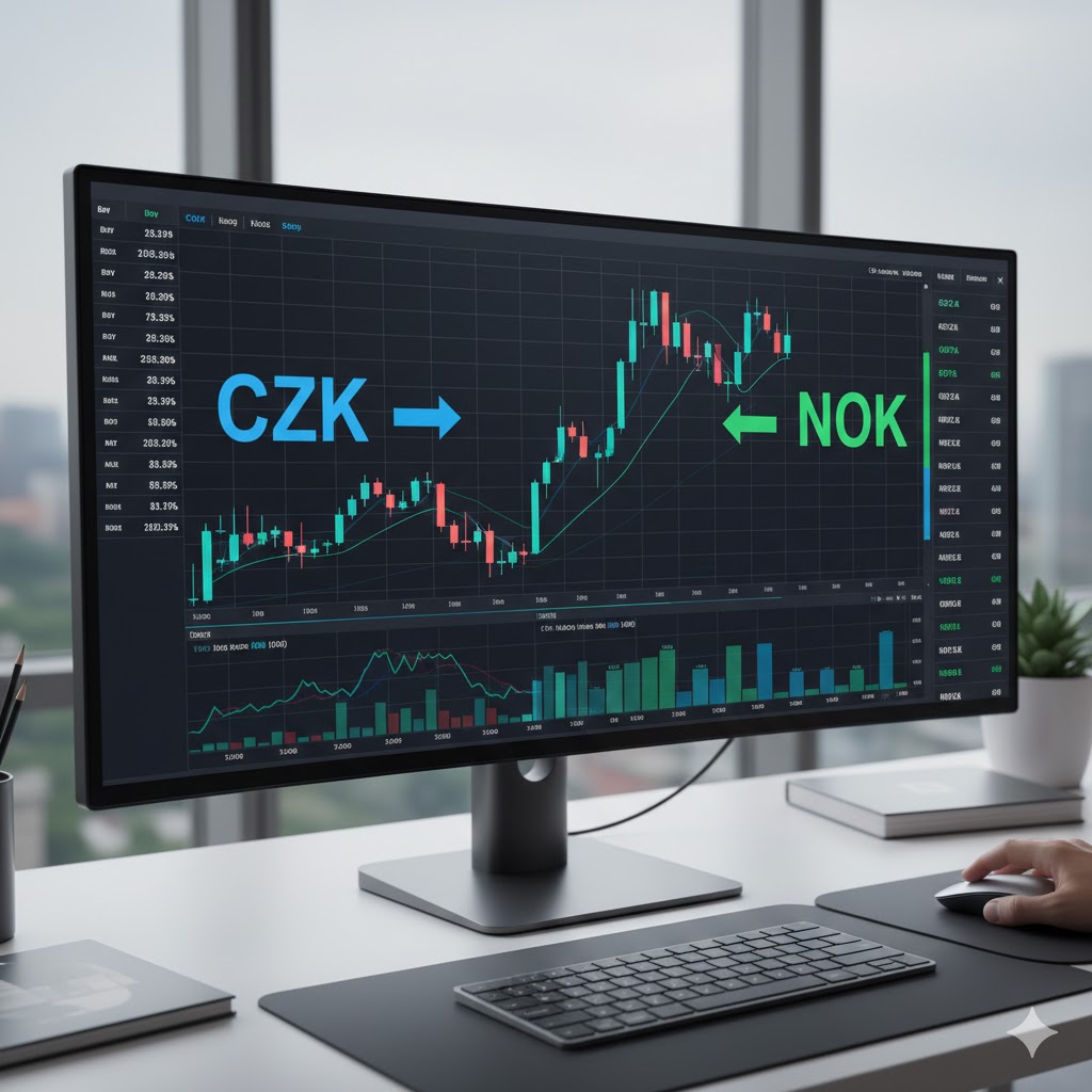 A professional digital exchange rate board showing CZK and NOK currency pairs with symbols of the Prague skyline and a Norwegian oil rig.