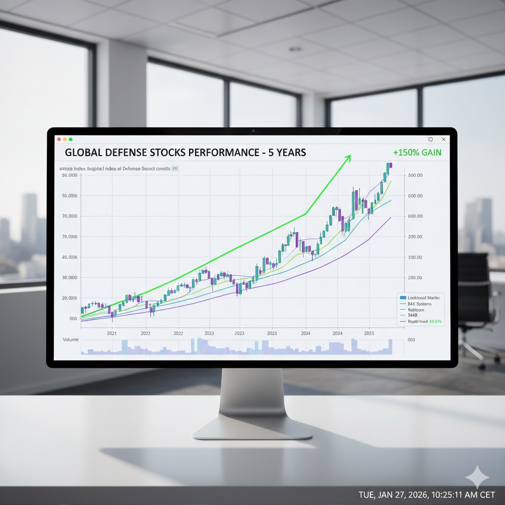 A clean, professional 3D bar chart comparing the stock performance of major European defense companies like Kongsberg, Saab, and Rheinmetall over the last 5 years.
