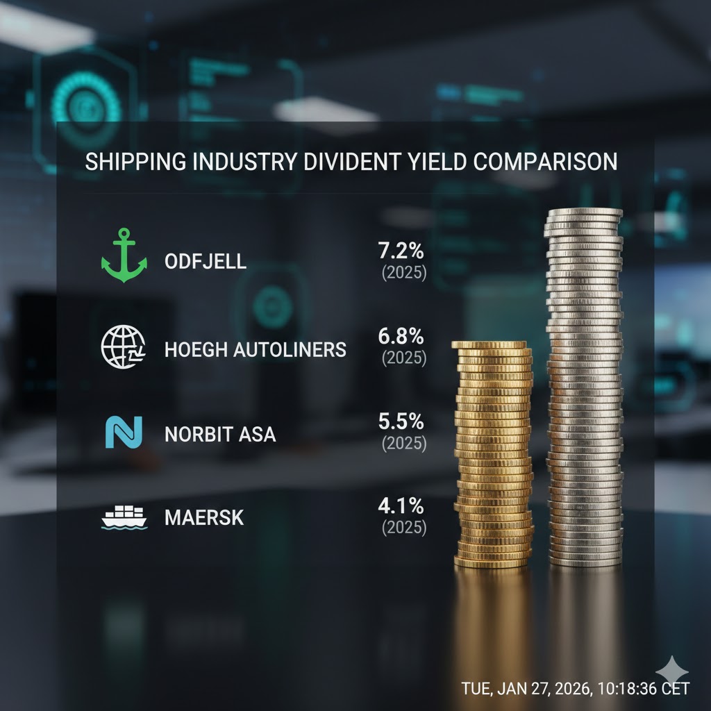 Et profesjonelt søylediagram som sammenligner direkteavkastningen til BW LPG med andre store shippingselskaper på Oslo Børs i 2026.