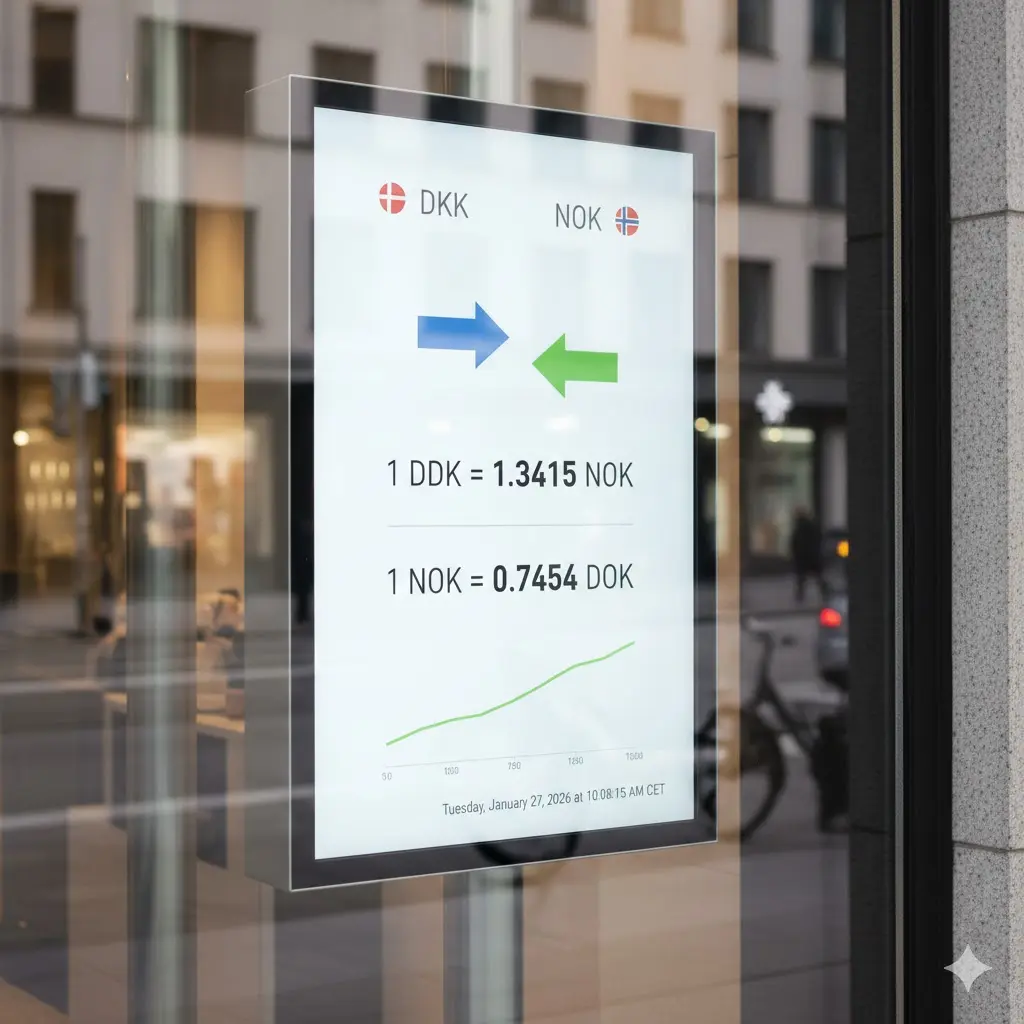 A modern digital display in a financial district showing live exchange rates for DKK and NOK with green and red stock indicators.