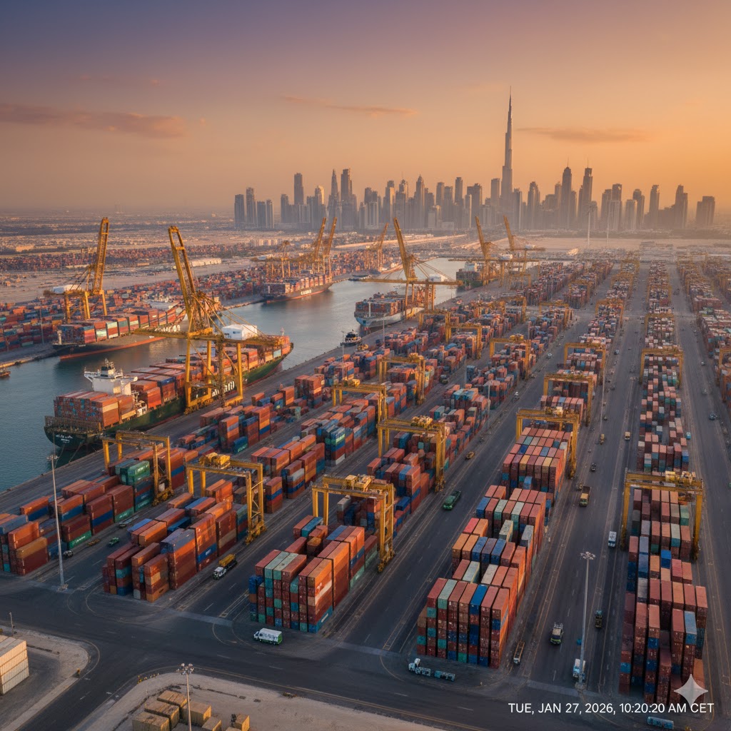 A busy shipping terminal at Jebel Ali Port in Dubai, showing large cargo ships and containers, representing international trade.