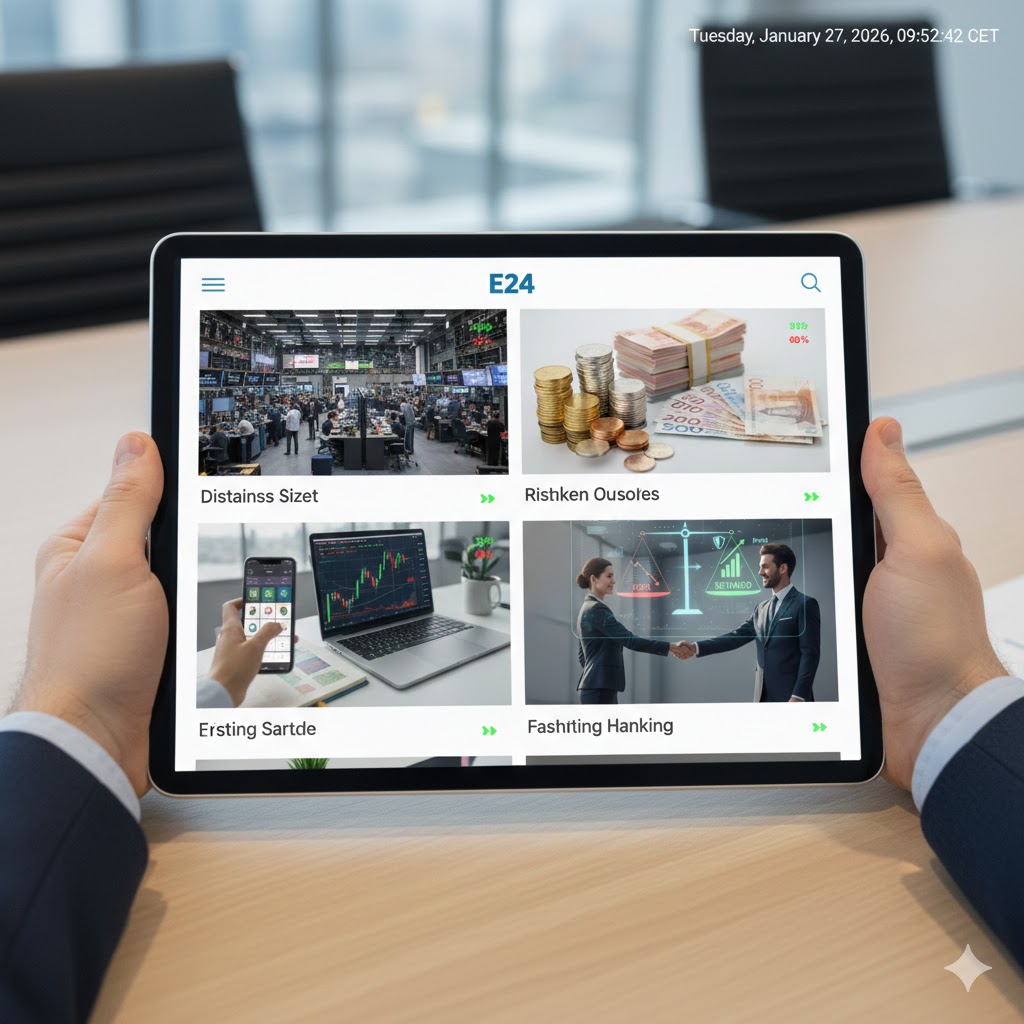 A modern digital tablet showing a professional financial news website with red and green stock indicators and breaking news headlines about the Norwegian economy.