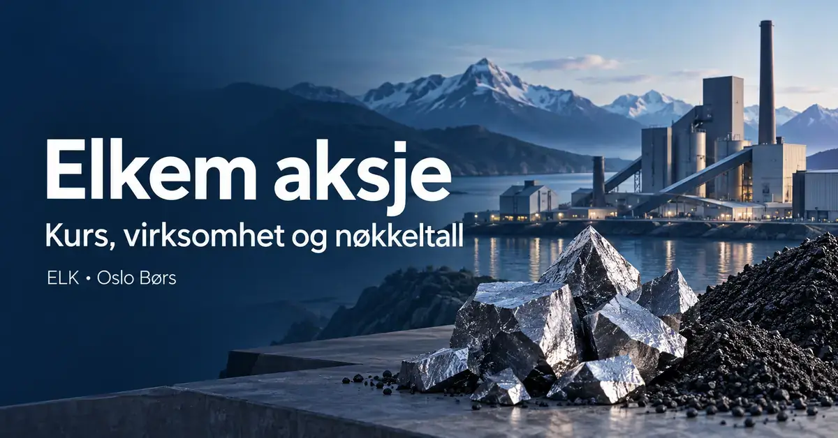 Illustrasjon av et industrianlegg med silisium og karbonmaterialer, med teksten «Elkem aksje – Kurs, virksomhet og nøkkeltall».