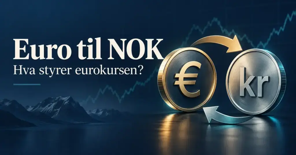 Illustrasjon av euro og norske kroner med vekslingspiler, en stilisert kurskurve og teksten «Euro til NOK – Hva styrer eurokursen?».