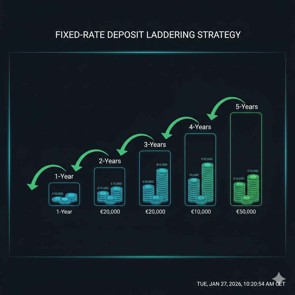 En illustrerende 3D-trapp der hvert trinn representerer et annet år med et fastrenteinnskudd, med gullmynter som vokser på hvert nivå.