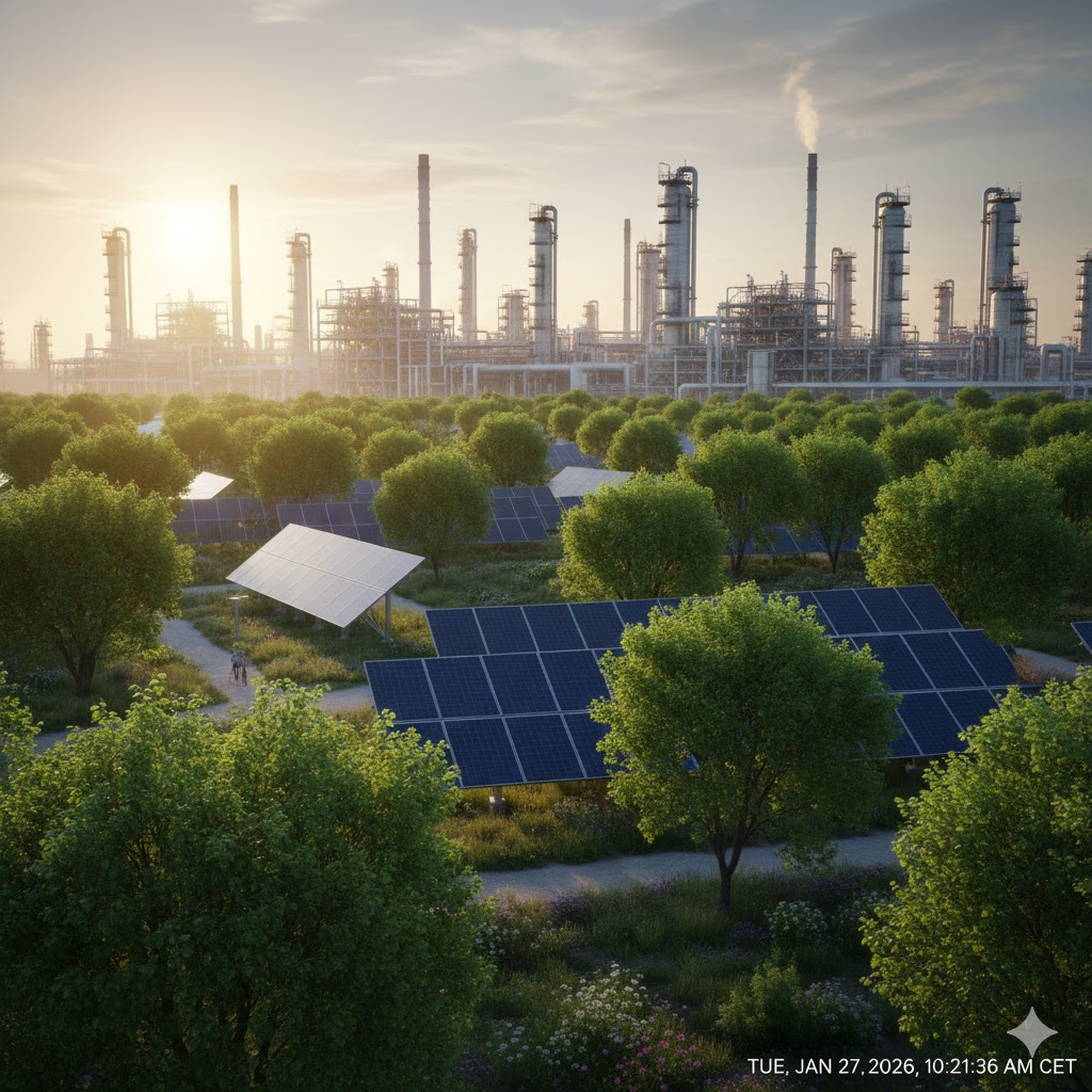 A futuristic landscape showing a mix of traditional oil rigs and offshore wind turbines under a sunset, symbolizing the energy transition.