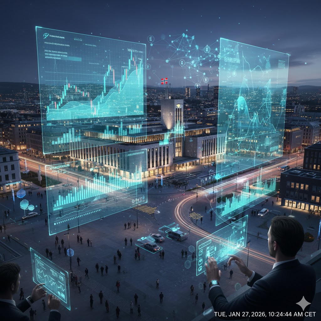 A futuristic conceptual image of a person using a holographic interface to trade stocks and crypto, with the Norwegian coastline in the background.