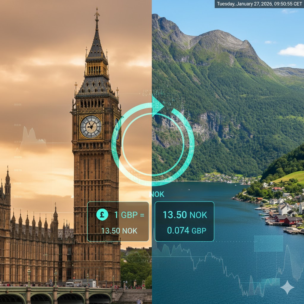 A professional digital screen showing a live currency trading chart for GBP/NOK with green and red candlesticks against a background of the London skyline.