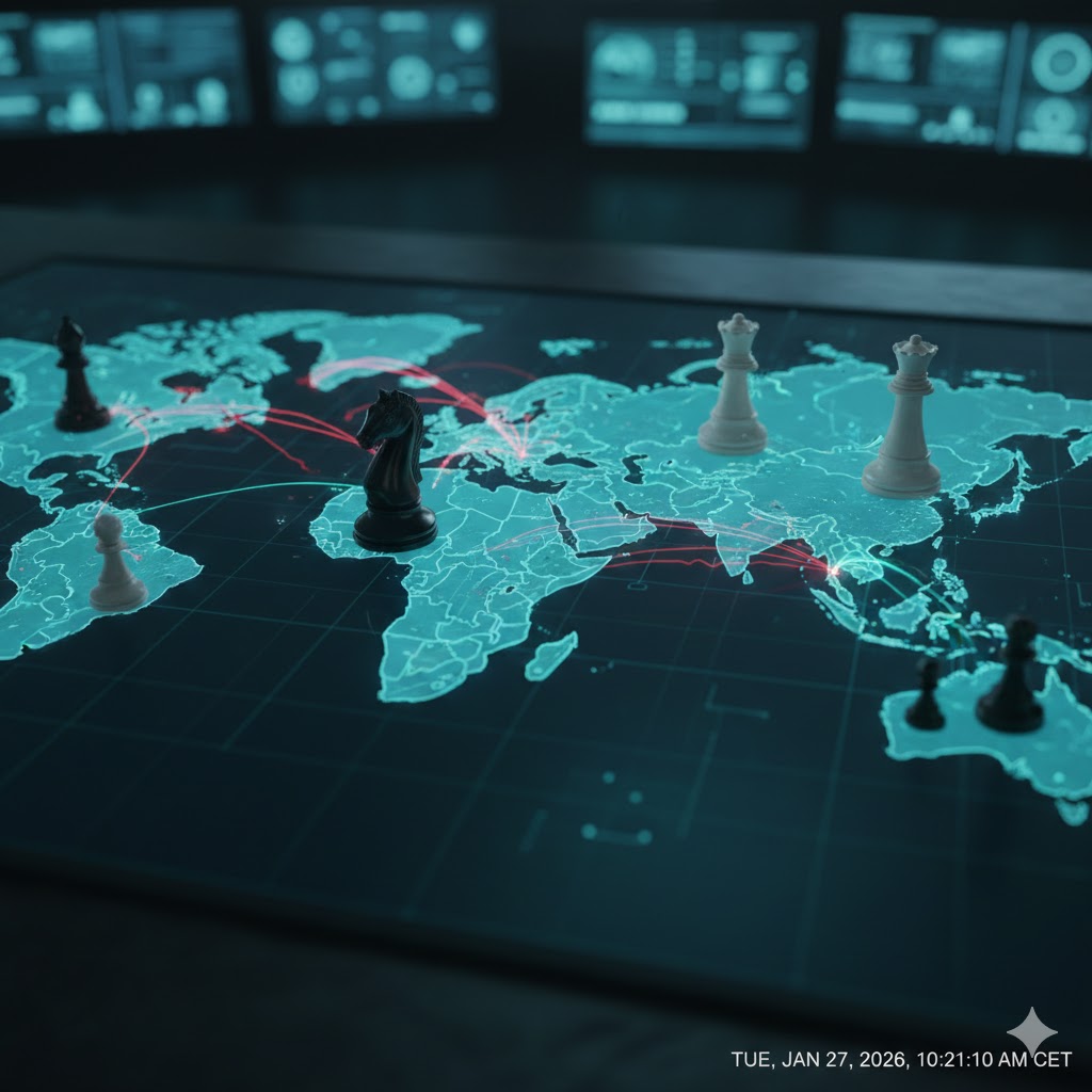 A conceptual image showing a world map with glowing icons on major oil-producing regions and a shipping tanker in stormy seas, representing geopolitical risk.