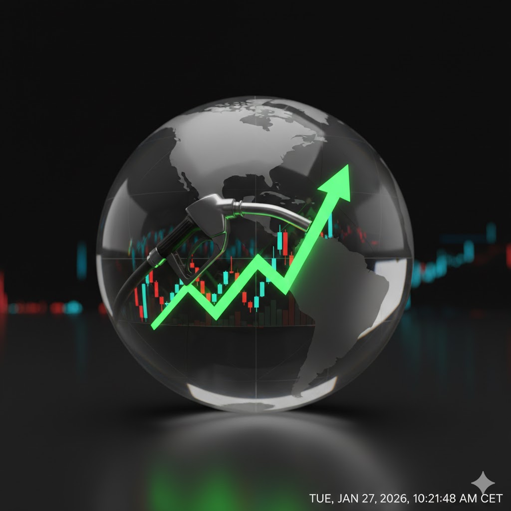 An abstract 3D visualization of how oil prices connect different parts of the global economy, from transport to industrial production.