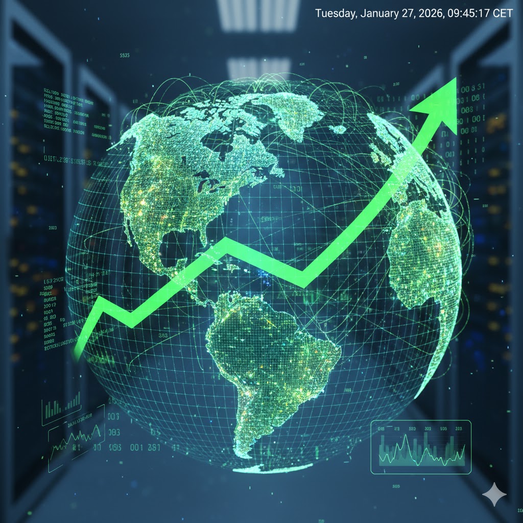 An abstract visualization of a world map made of glowing nodes and connections, representing a global index fund with diverse stocks worldwide.