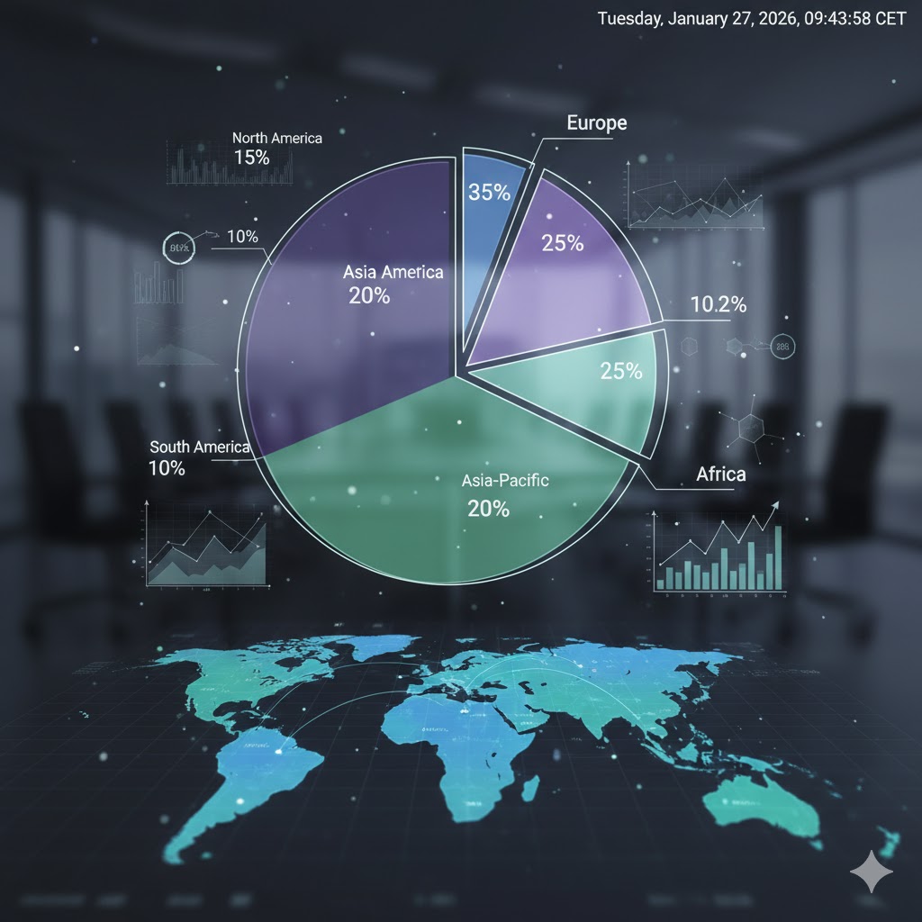 A professional pie chart showing the geographic distribution of a global fund, highlighting USA, Europe, and Japan.