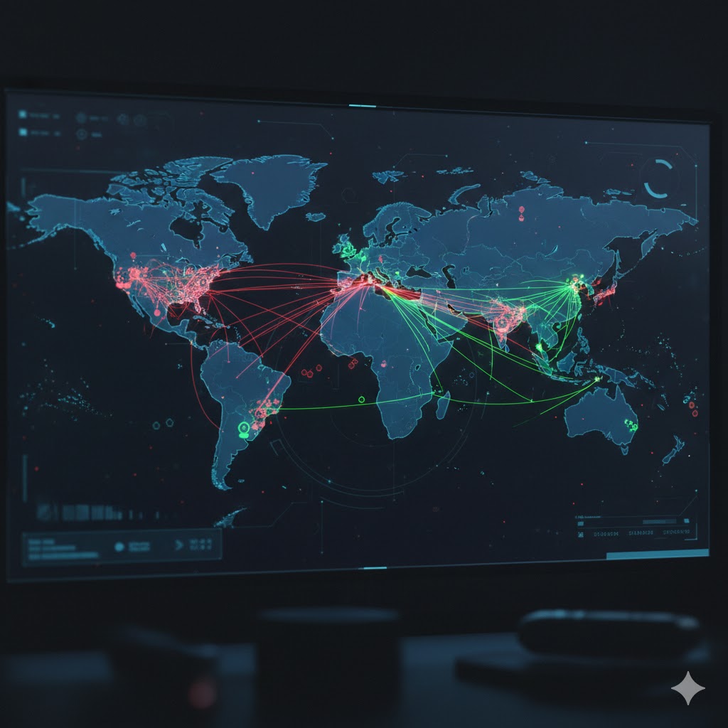 Et futuristisk kontrollrom med store skjermer som viser et verdenskart med sanntidsposisjoner for skip, værdata og geopolitiske faresoner.