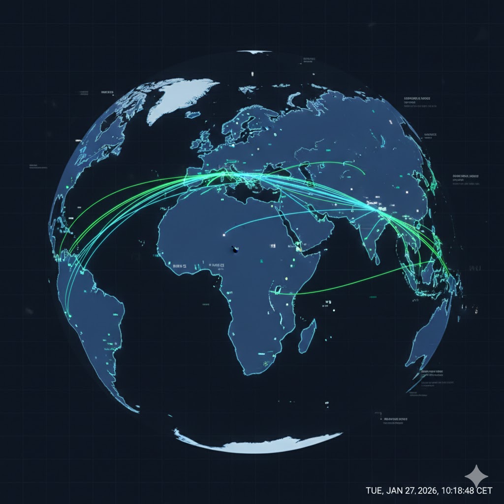 Et digitalt verdenskart som fremhever de viktigste handelsrutene for LPG fra USA og Midtøsten til Asia, med BW LPGs skipsposisjoner indikert.