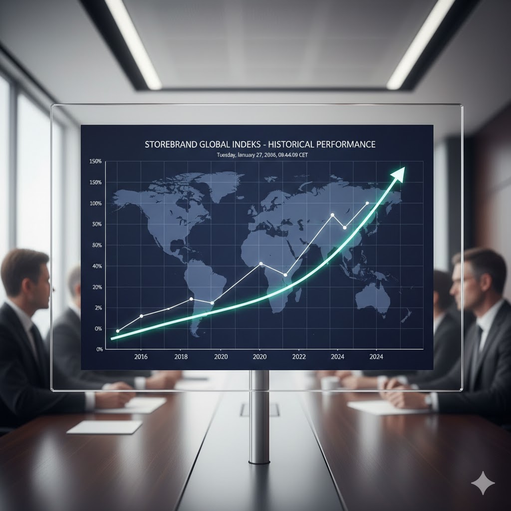 A line graph showing steady long-term growth of a global equity index from 2010 to 2026, with professional financial styling.