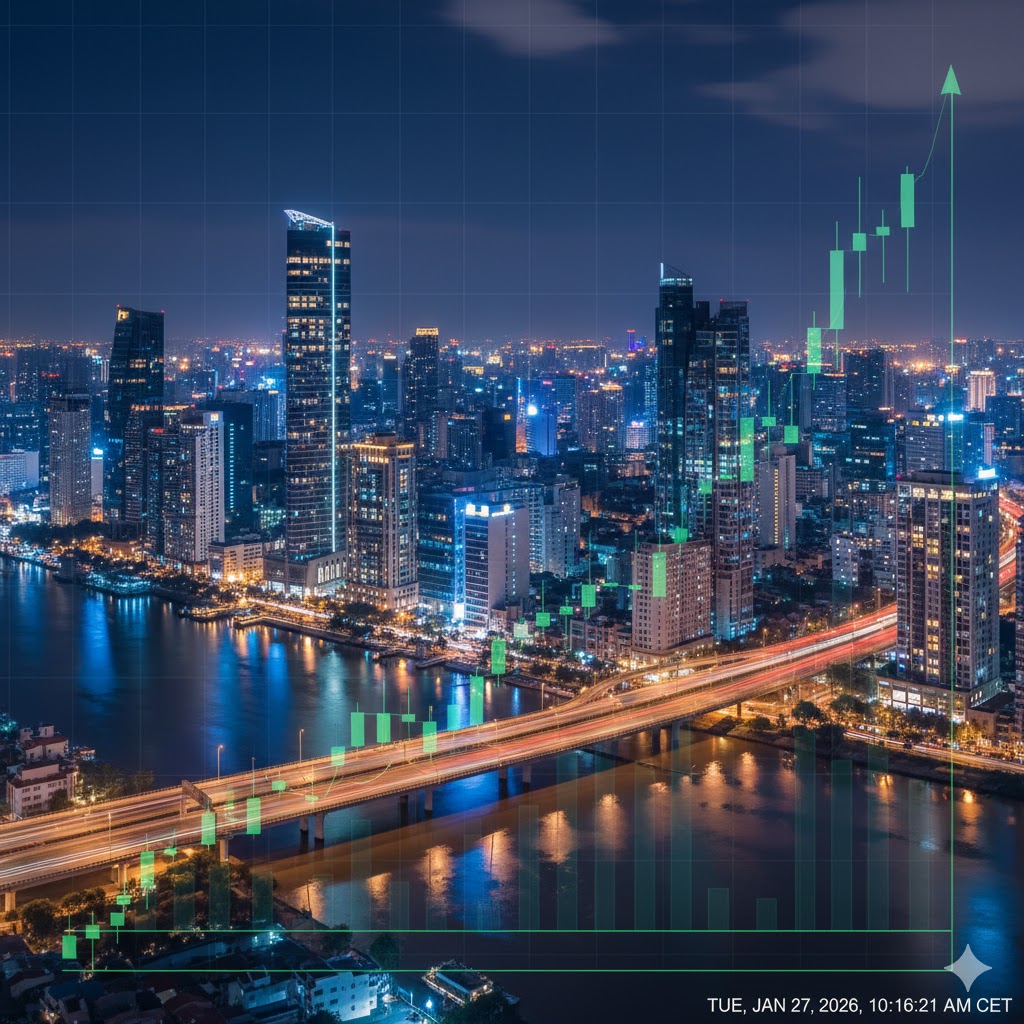 A stunning shot of the Bitexco Financial Tower and the modern skyline of Ho Chi Minh City at sunset, representing economic growth and investment.
