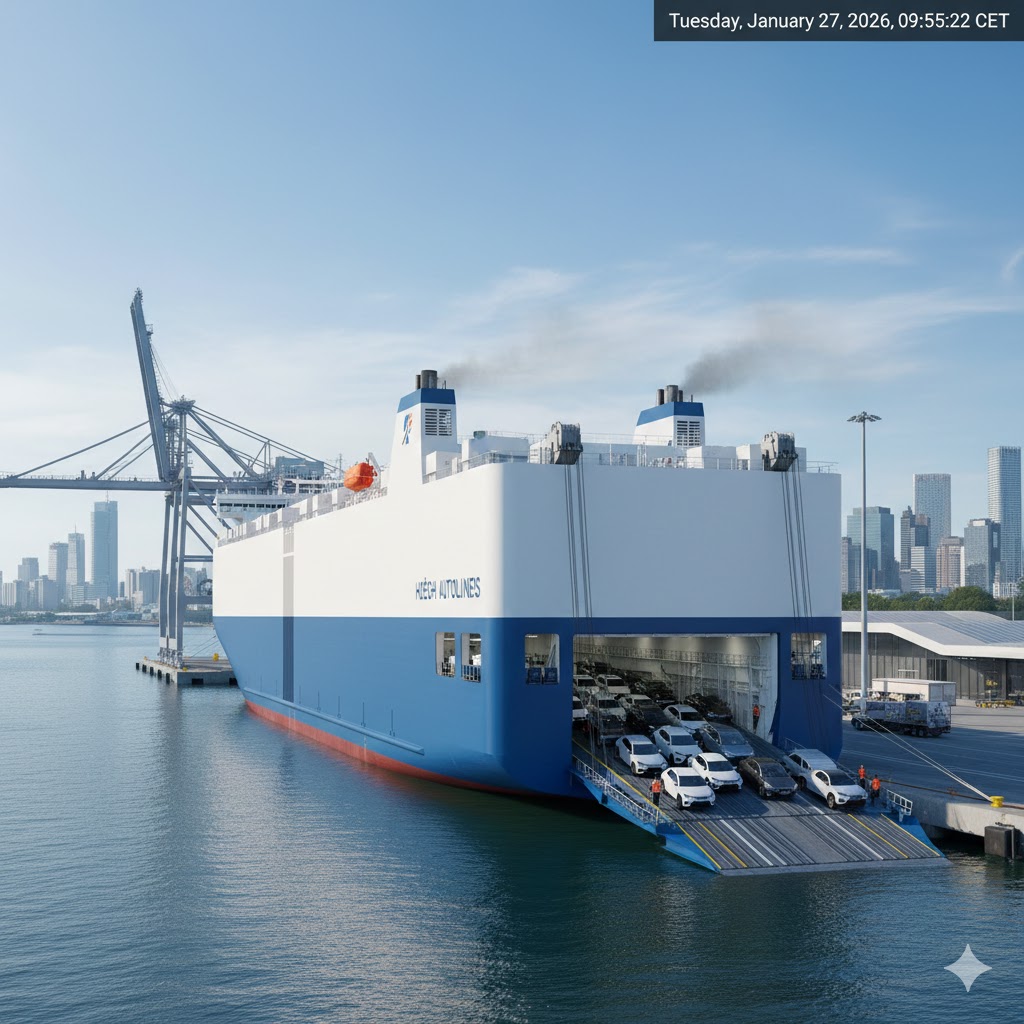 Stort, moderne Aurora-klasse bilskip fra Höegh Autoliners som seiler gjennom en norsk fjord med grønn innovativ skrogdesign.