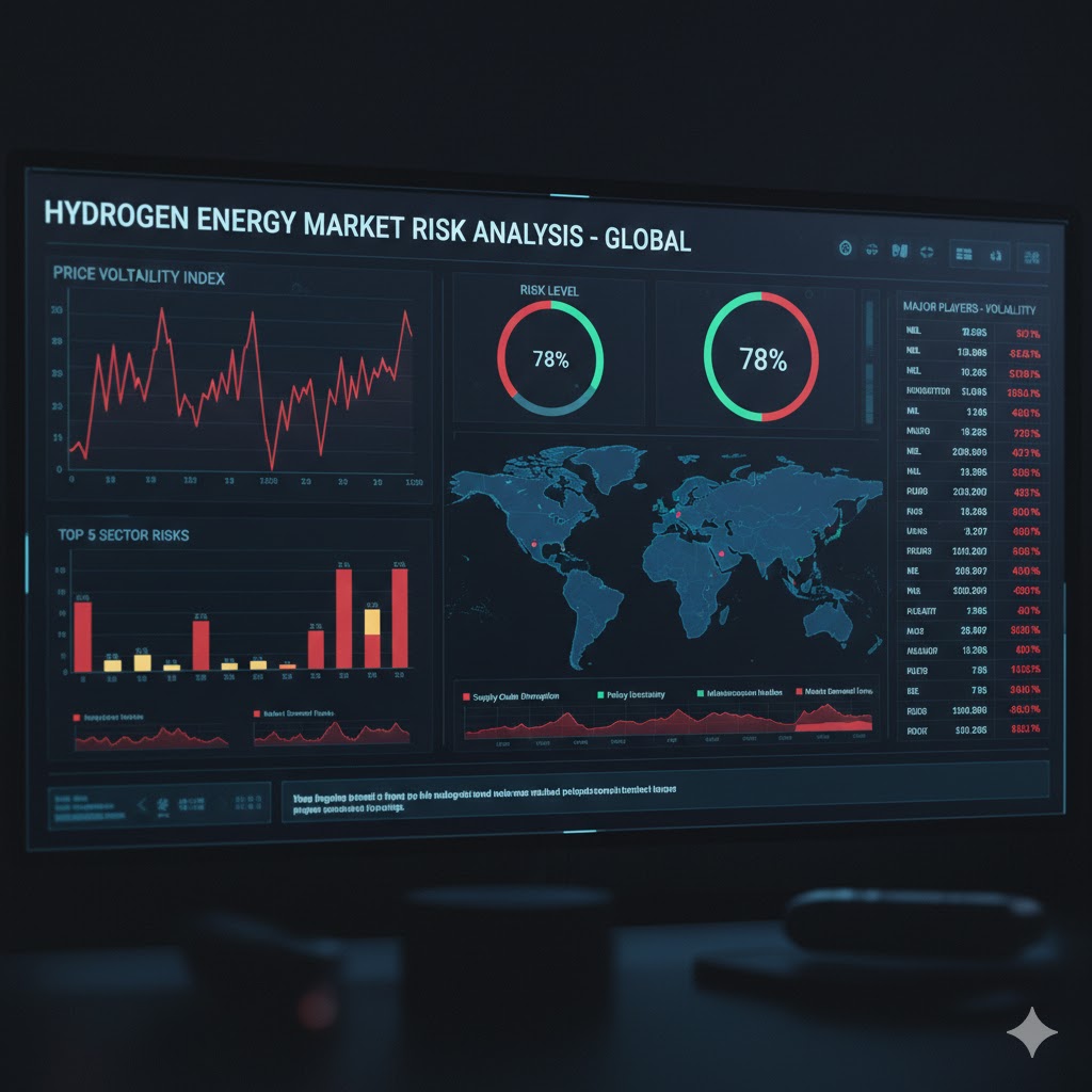 Finansiell analytiker ser på digital skjerm med hydrogennyheter og risikodiagrammer, symboliserer sektorens kompleksitet.