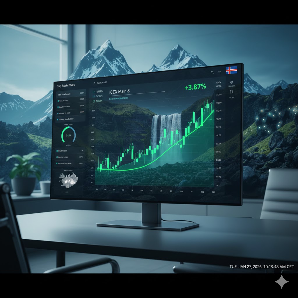 A high-tech trading floor in Reykjavik showing the Nasdaq Iceland tickers and green energy company logos.