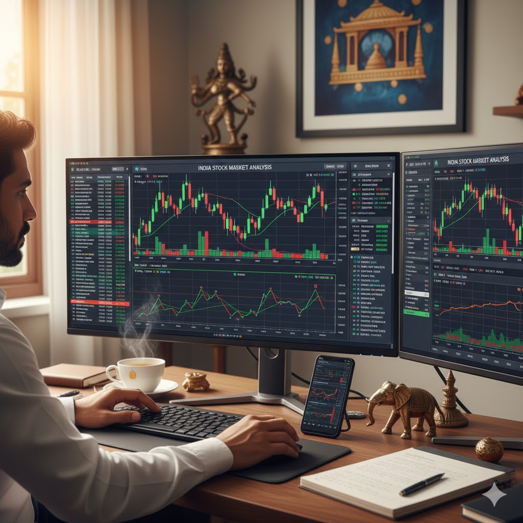 A high-tech trading floor in Mumbai showing the NSE and BSE indices with glowing green growth charts.