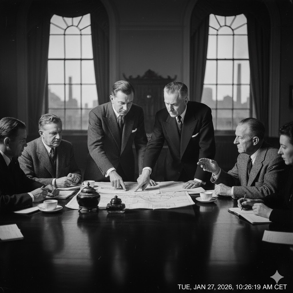 A dramatic 1980s boardroom setting with men in suits looking at financial documents, symbolizing the crisis period and restructuring of the company.