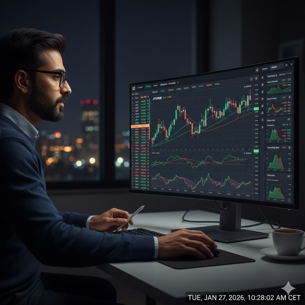 A professional trader analyzing technical charts of the Pakistani Rupee on multiple monitors in a high-tech office.