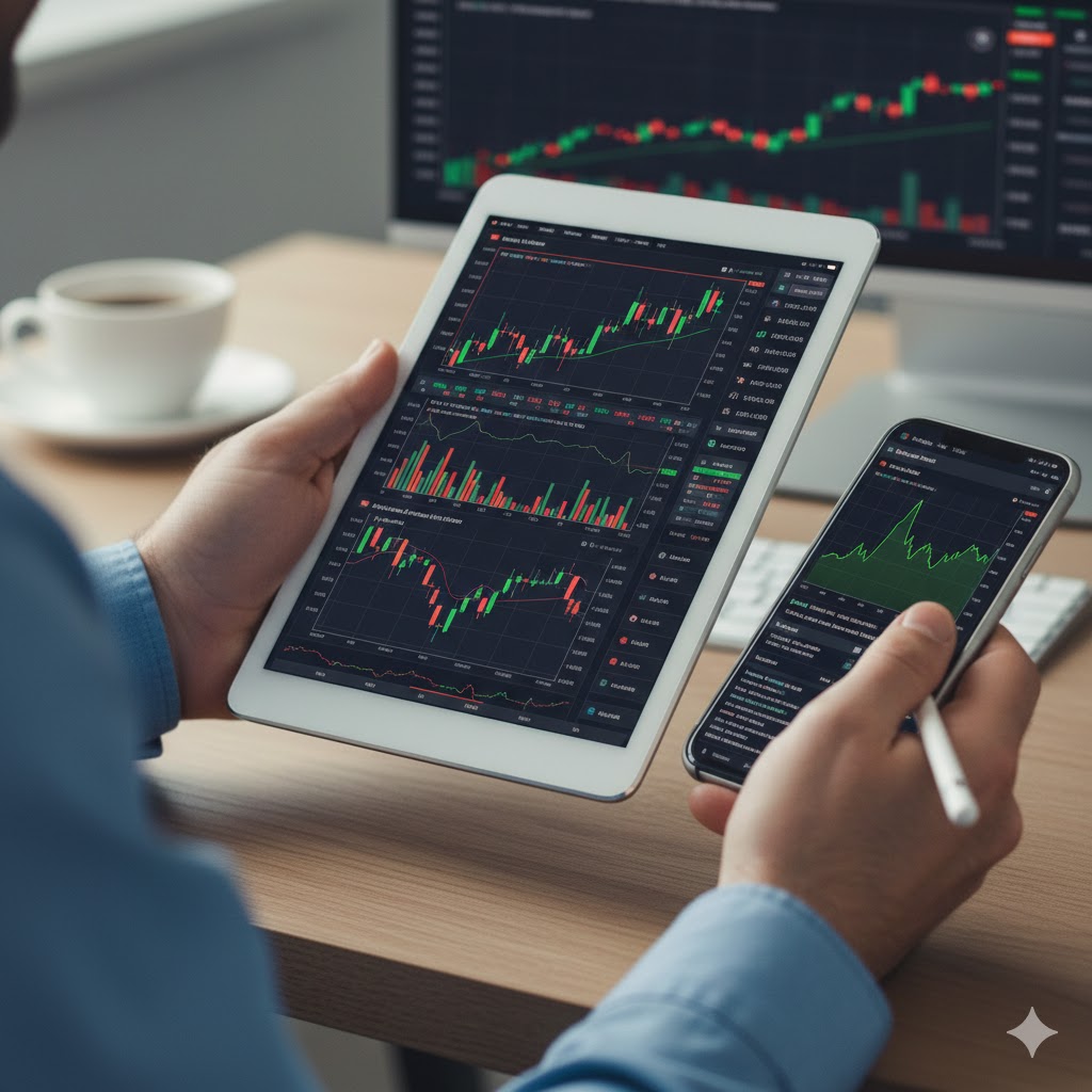 A focused investor looking at multiple computer screens displaying complex financial charts and a web browser with Newsweb open.