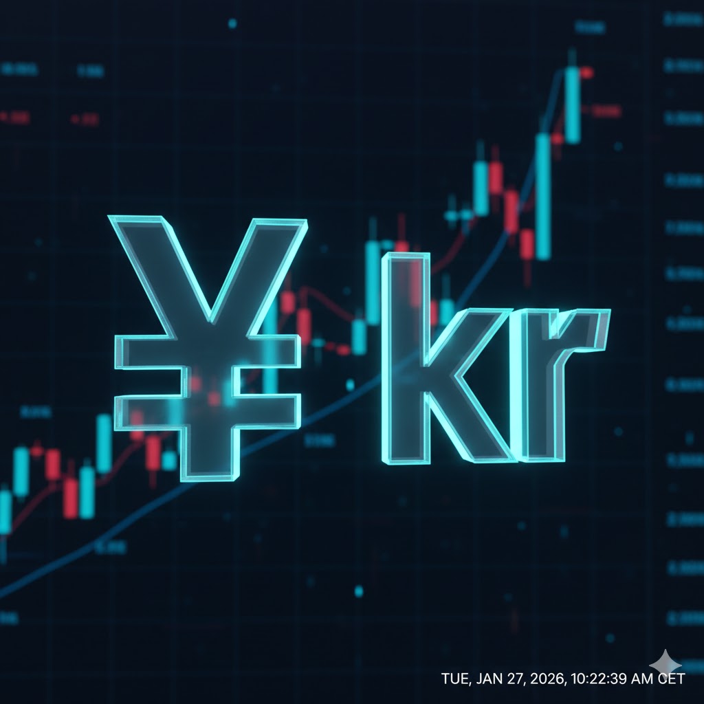 En moderne digital skjerm som viser live valutakurser for JPY og NOK med grønne og røde grafer i bakgrunnen av et finansdistrikt.