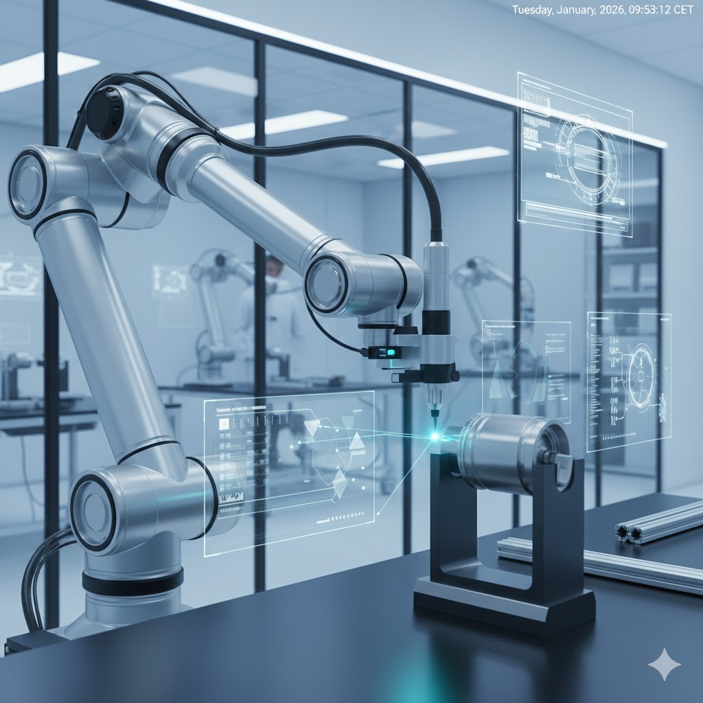 A close-up of a worker in a 1950s factory setting carefully inspecting a precision-engineered mechanical part with a micrometer.