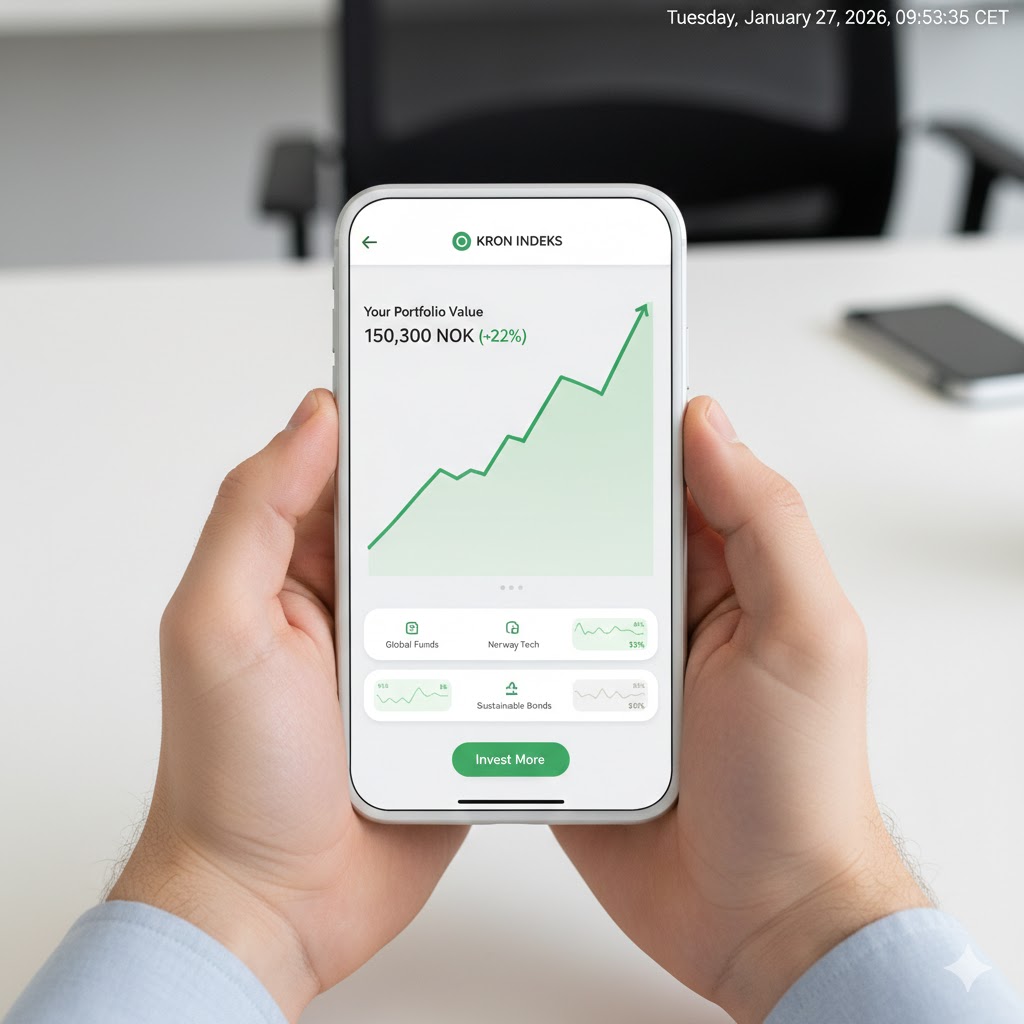 A modern smartphone displaying a clean, purple-themed investment app with a growth chart and the Kron logo, held by a person in a bright office.