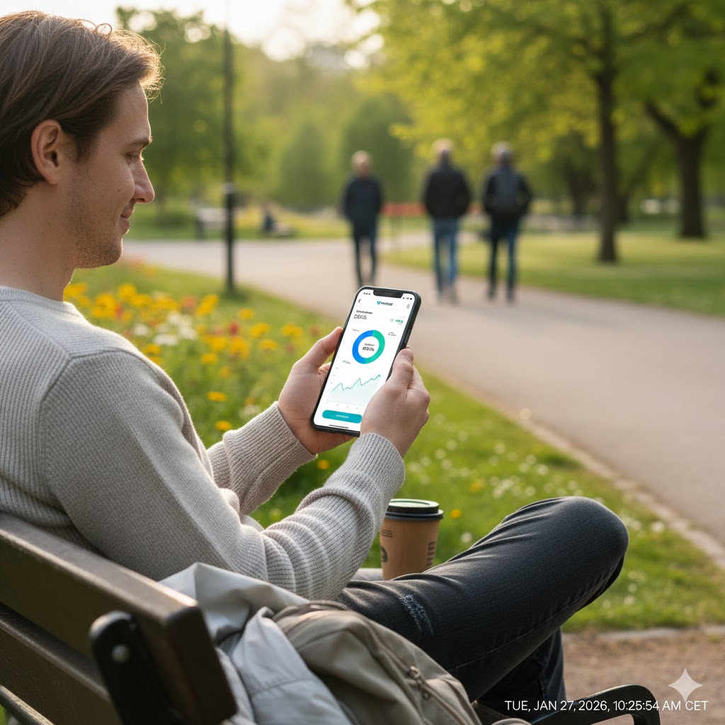 A young couple sitting in a modern living room, looking at a tablet together and discussing their long-term savings and pension goals.