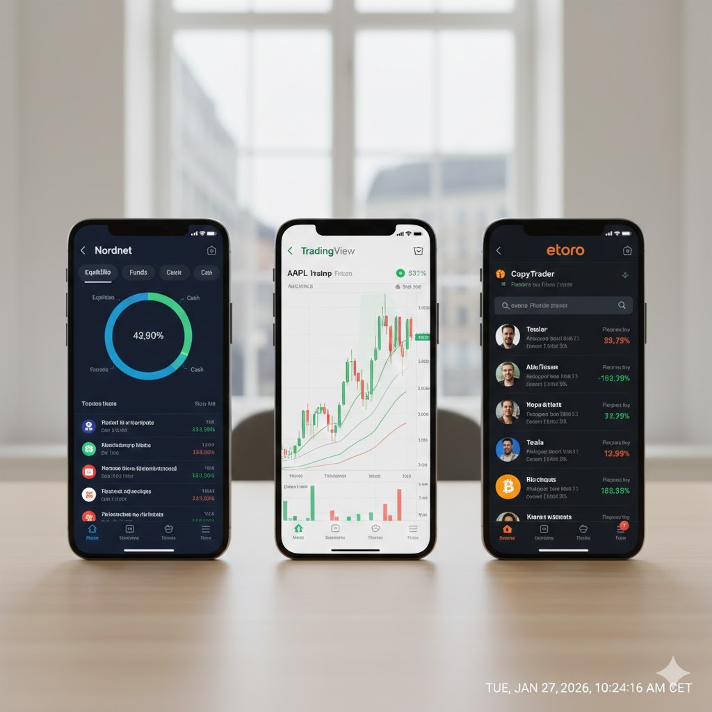 A close-up of a laptop screen displaying the Infront terminal with complex candlestick charts, MACD, and RSI indicators for Oslo Børs.
