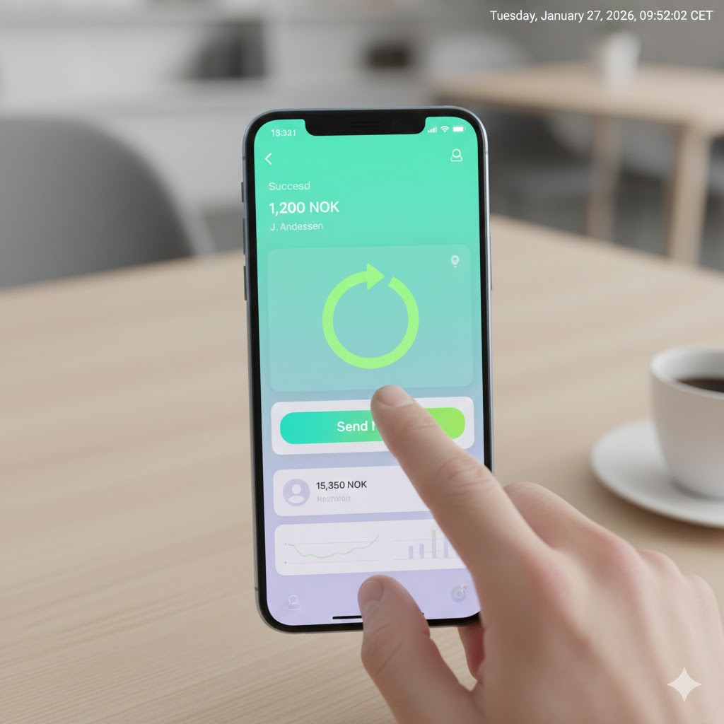 A close-up of a hand holding a smartphone showing a user-friendly currency transfer app with options for JPY to NOK.