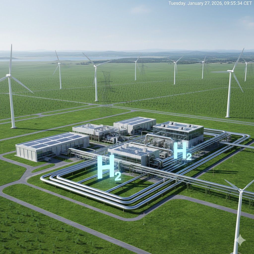 Moderne fullskala hydrogenanlegg fra Nel ASA i industrielt kystlandskap med vindturbiner og Nel-logoer.