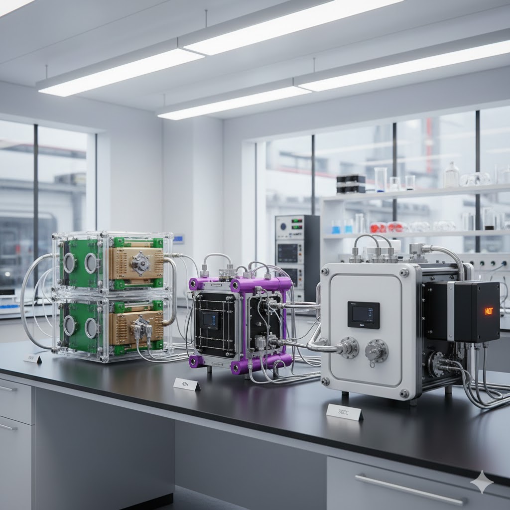 Infografikk som sammenligner alkalisk elektrolysecelle og PEM-celle med piler som viser fordeler som effektivitet og størrelse.