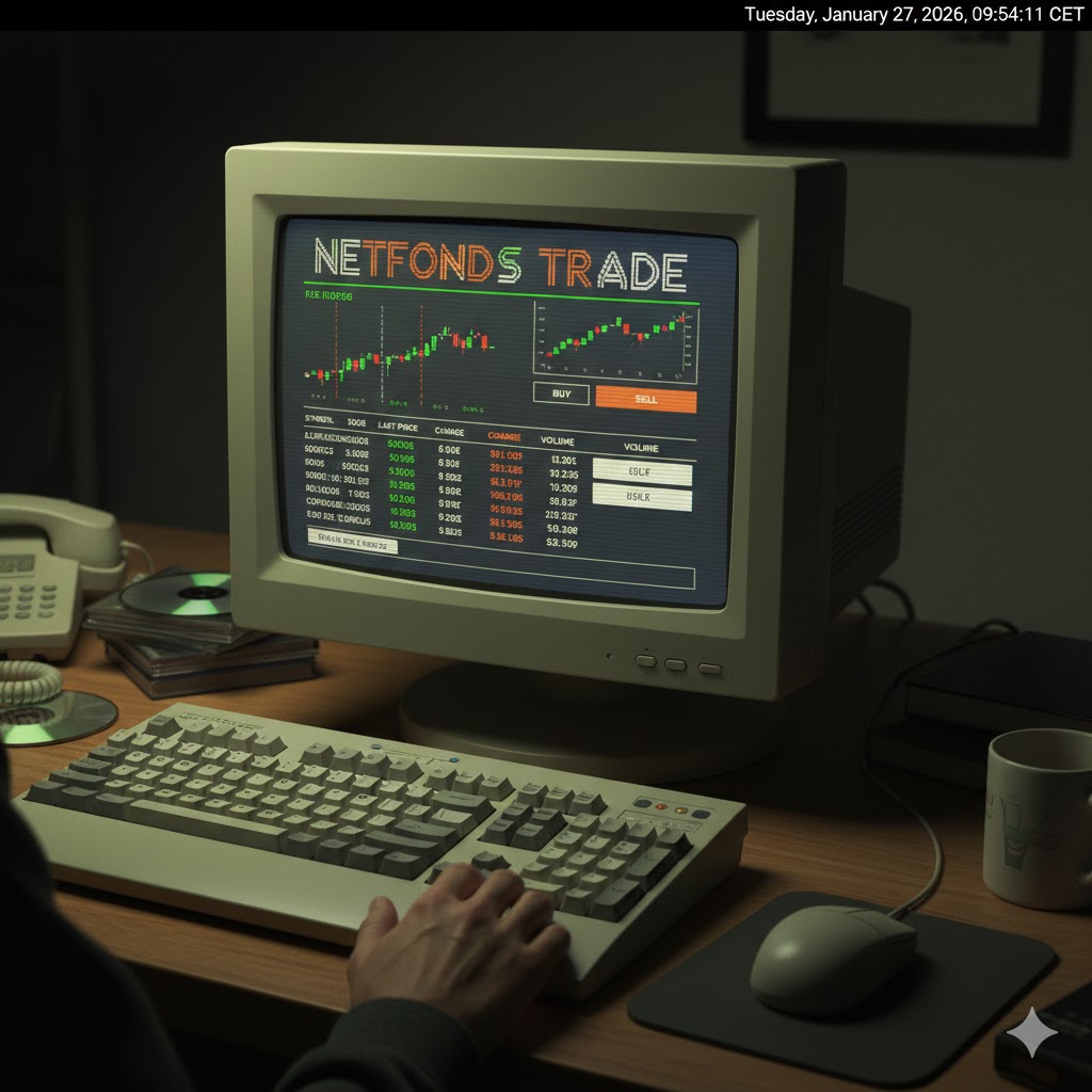 A vintage-style digital display showing the Netfonds logo next to early internet trading interface graphics from the late 90s.