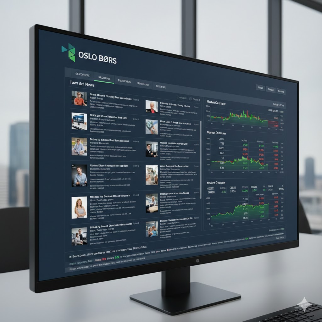 A sleek digital interface of a financial news portal showing scrolling stock tickers and official announcement headlines for Norwegian companies.