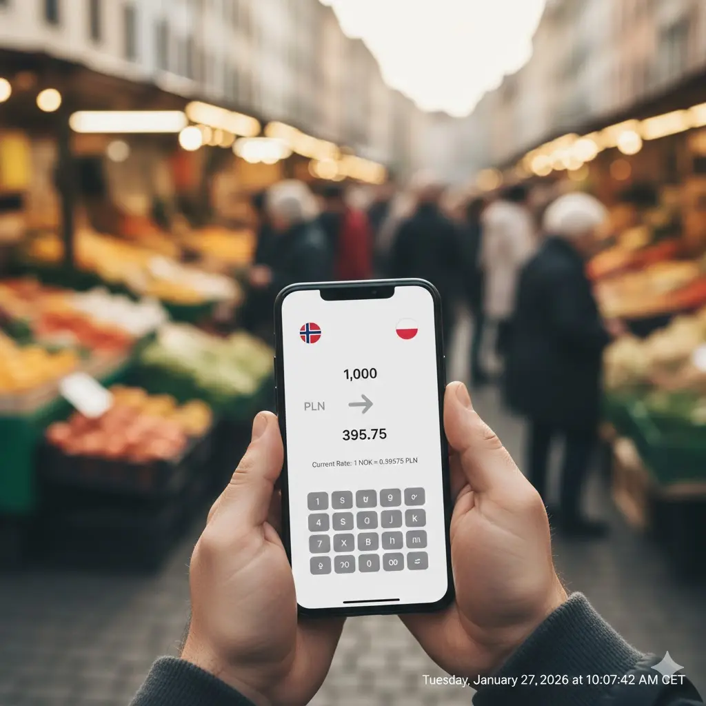 A modern digital display in a financial center showing live exchange rates for NOK and PLN with flags of Norway and Poland side by side.