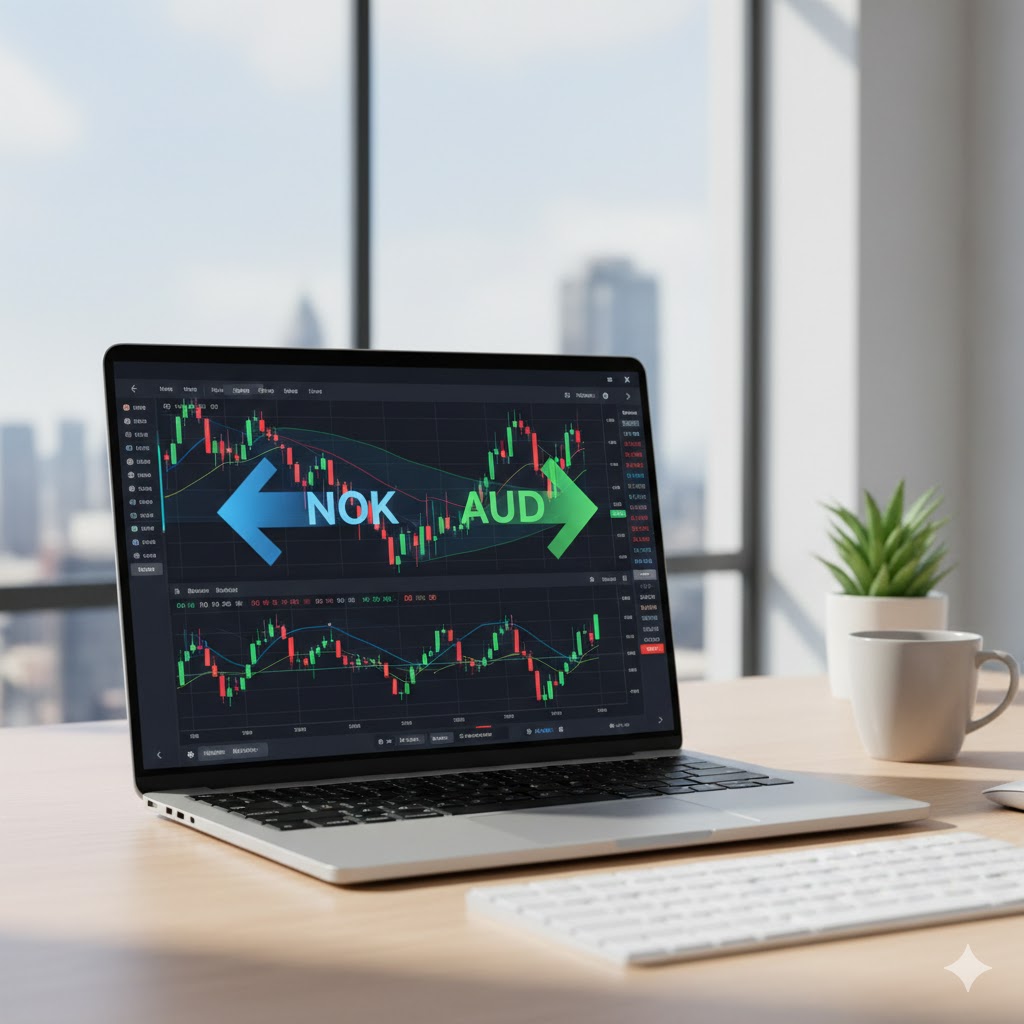 A modern digital display in a financial office showing the exchange rate between NOK and AUD with symbols of an oil rig and a gold mine in the background.