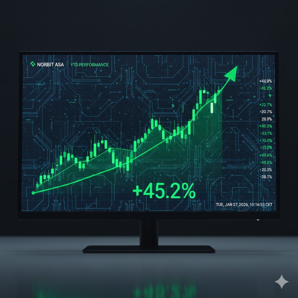 En oversiktlig 3D-søylediagram som viser Norbits omsetningsvekst og EBITDA-utvikling fra 2020 til 2026, med grønne piler som indikerer positiv trend.