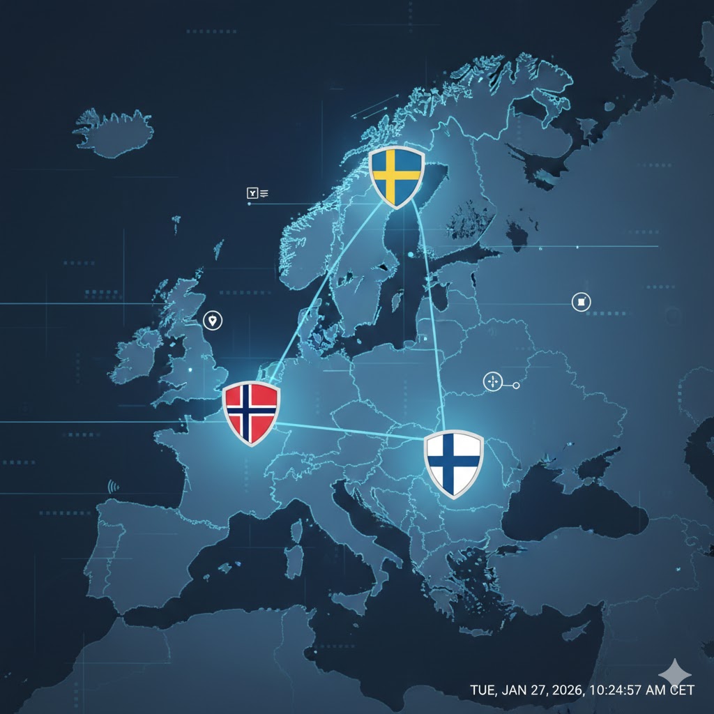 An infographic map of Norway and Finland highlighting the strategic locations of Nammo and Patria facilities, with NATO symbols.